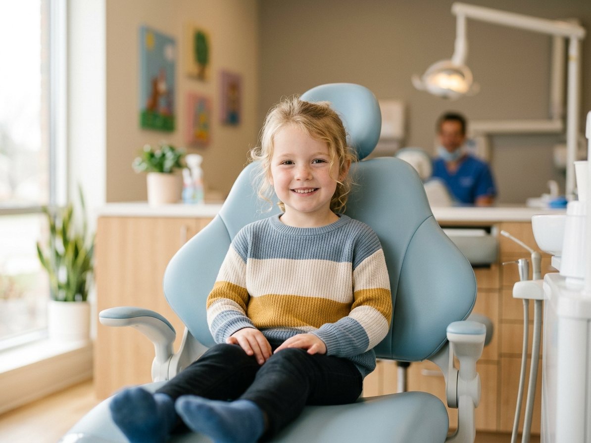 A cheerful young child at a calm, friendly dental visit