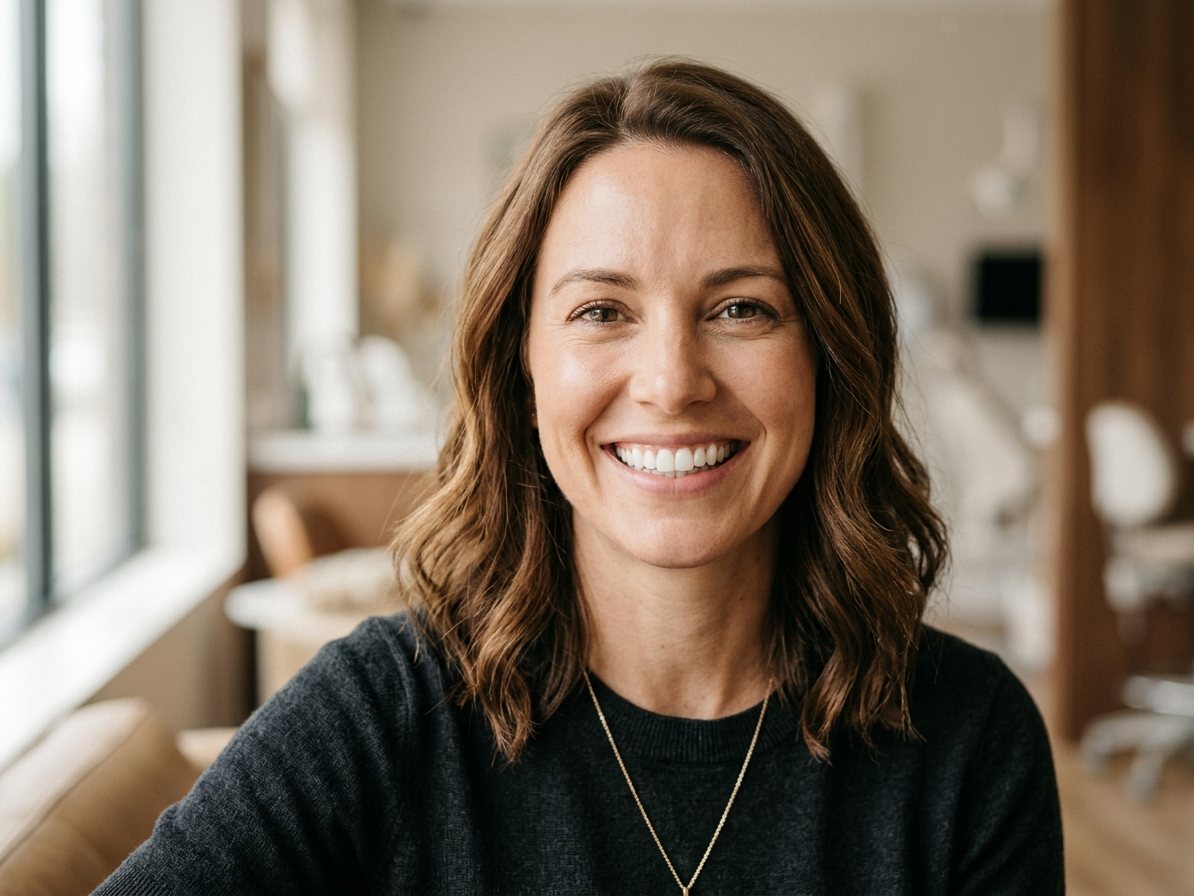 An adult with a natural, healthy, even smile
